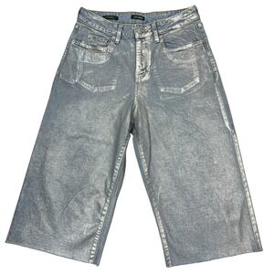 Coated Metallic Wide-Leg Baggy Jeans Sz 6R Raw Hem Cutoffs Gaucho Culottes Boho
